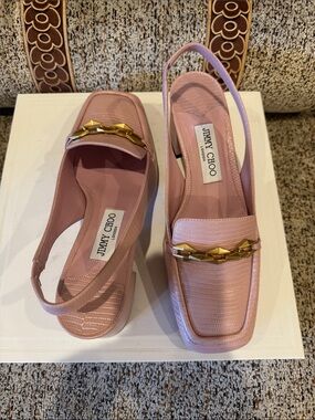 Jimmy Choo Blush Pink Slingback Loafers with Gold Chain